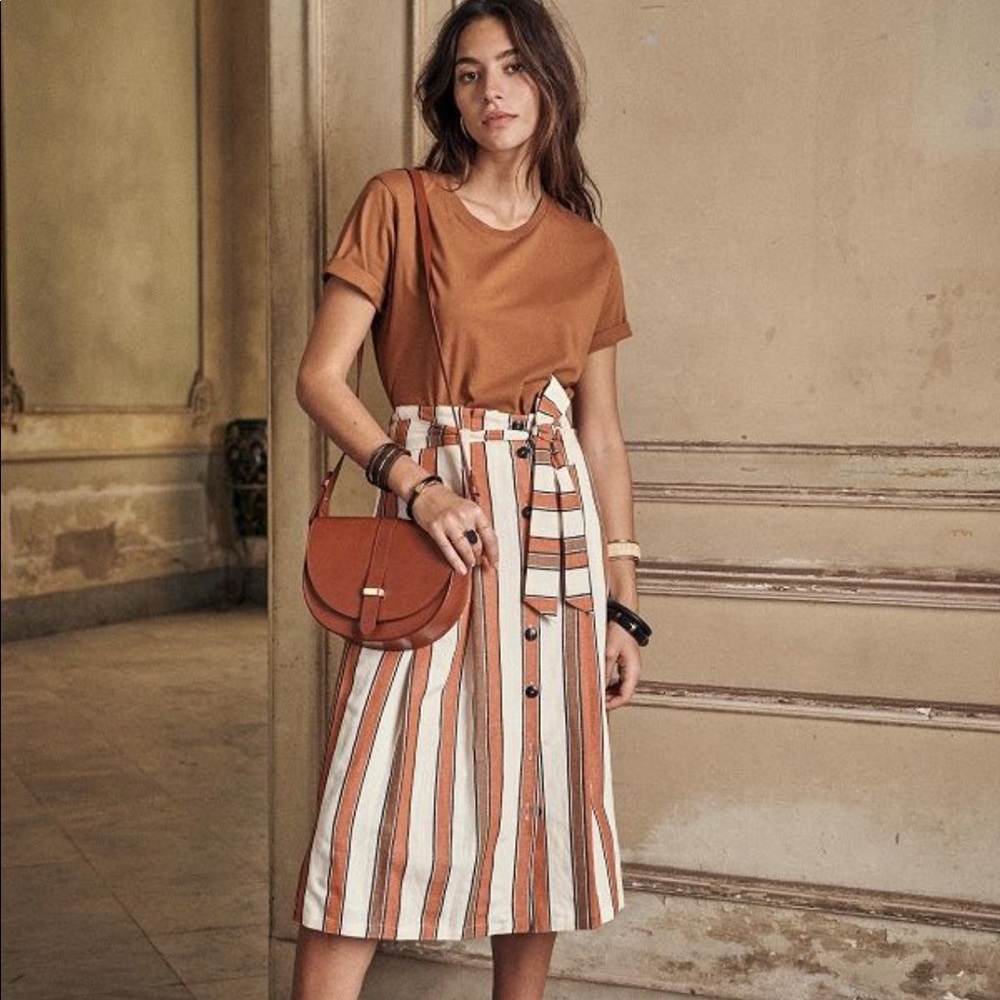 Sezane Rust & Cream Striped Midi Skirt